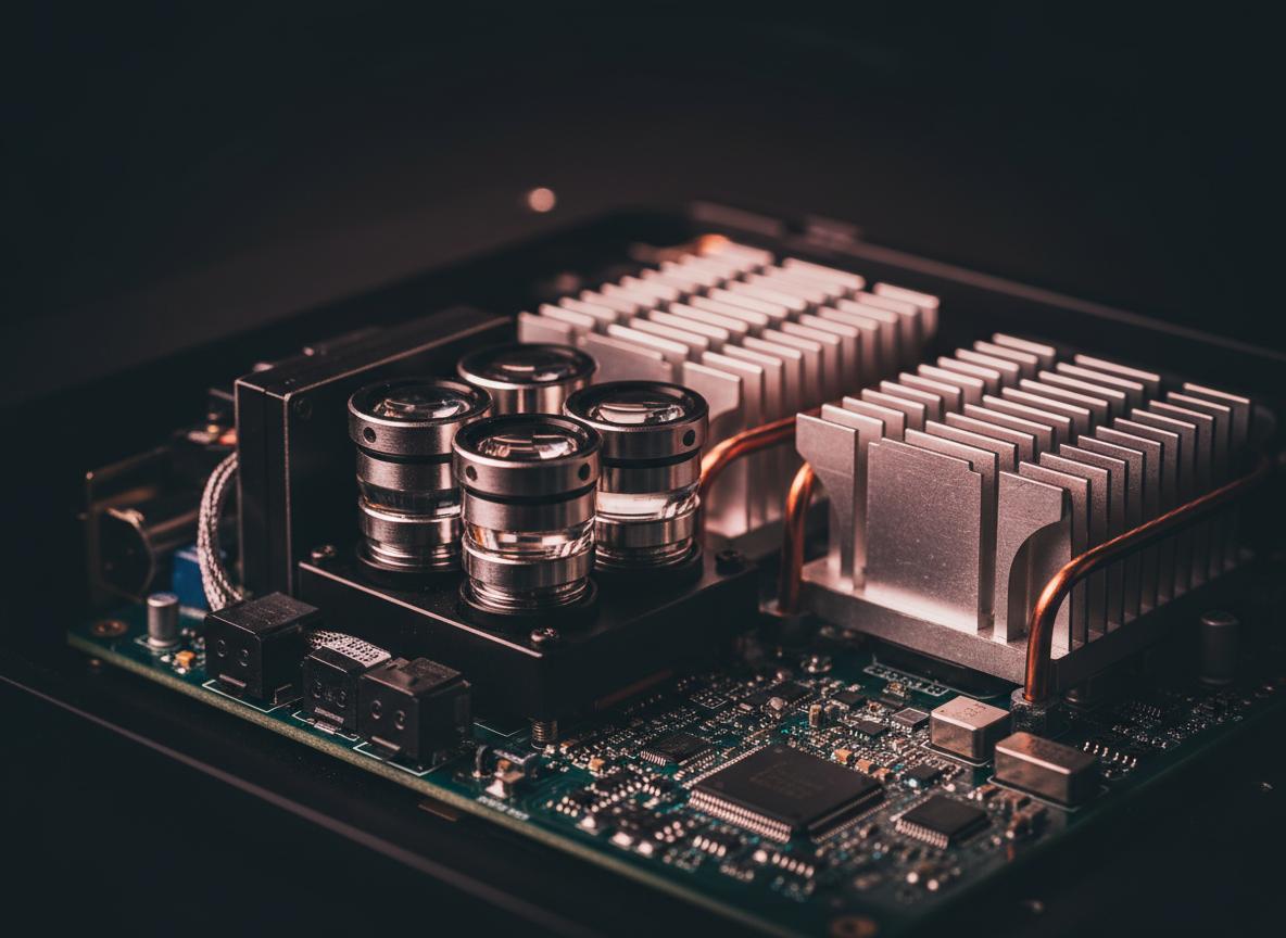 Internal view of a laser projector optical engine showing precision lenses, heat sinks and circuit boards